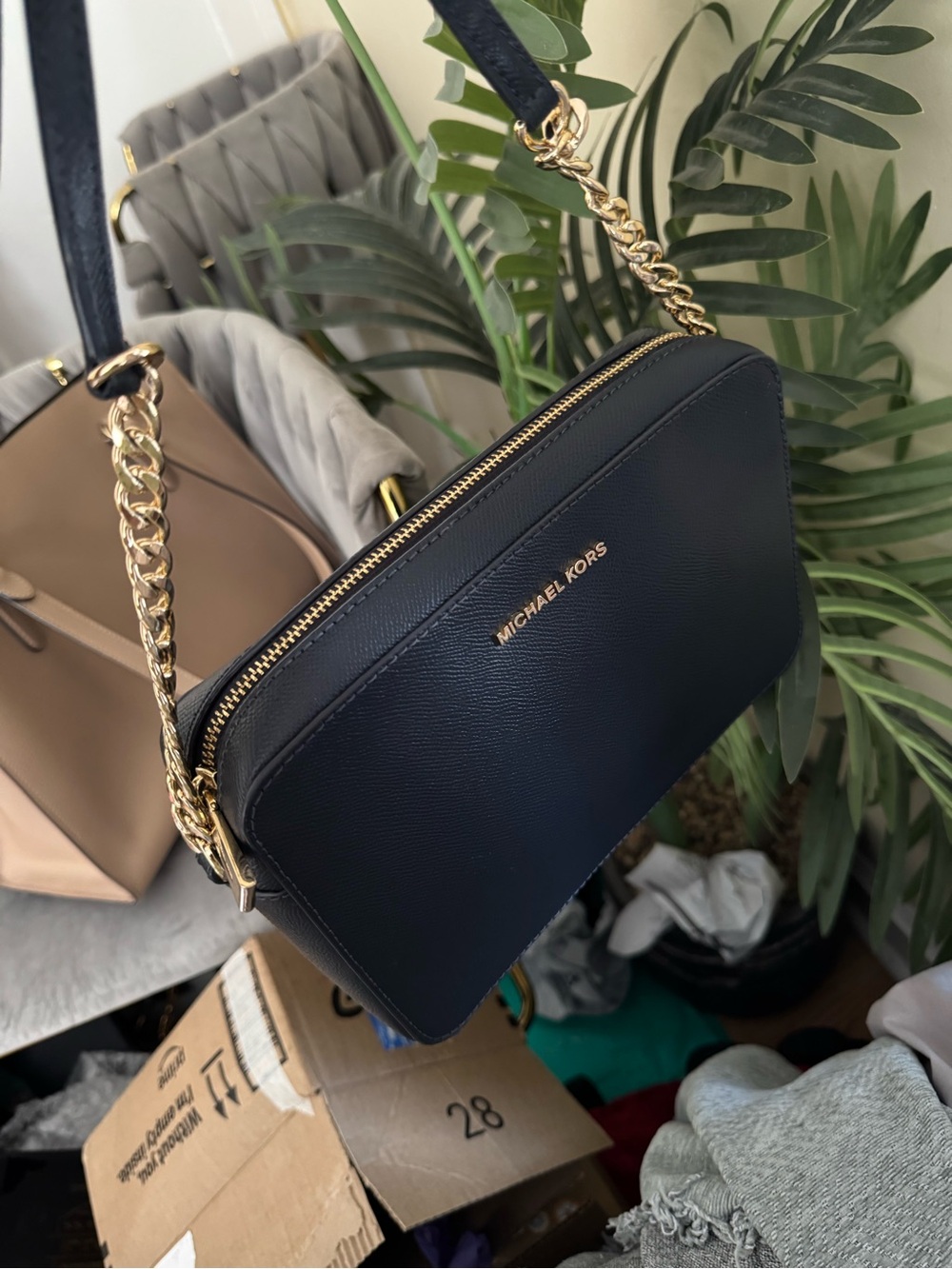 Michael Kors Dark Navy Blue Leather Chain-Trim Crossbody Bag